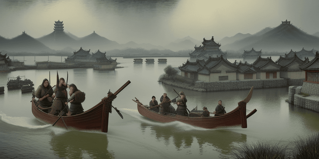 AI generated: Two vikings invading Suzhou, in the style of Van Gogh