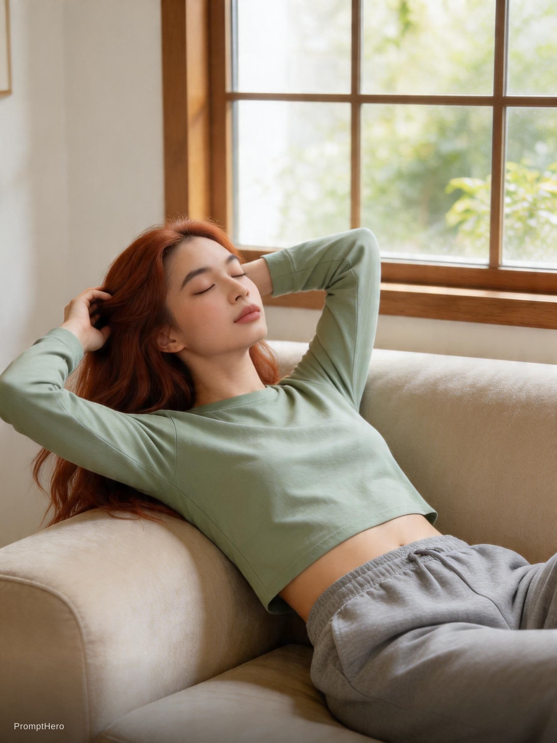 AI generated: A photorealistic image of a woman with long, flowing auburn hair reclining on a plush beige couch. T...