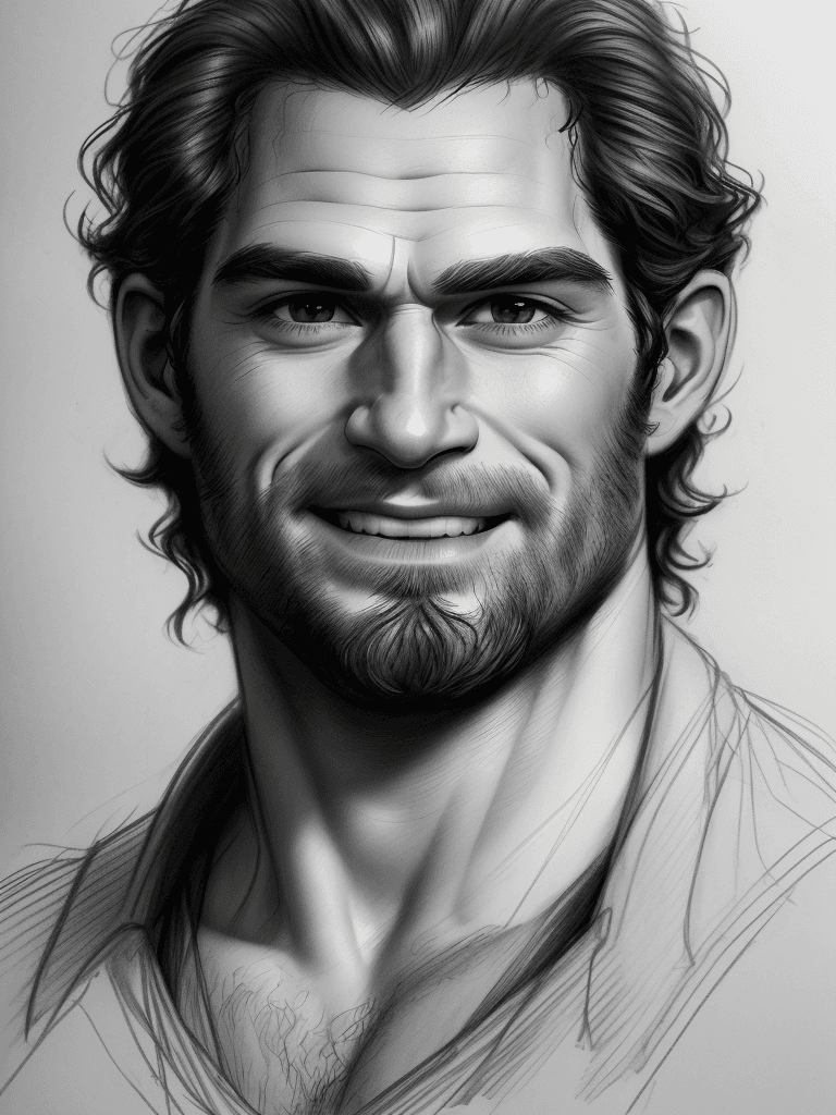 AI generated: Rough charcoal sketch on old paper, portrait, male as a character in the movie trolls, (((henry cavi...
