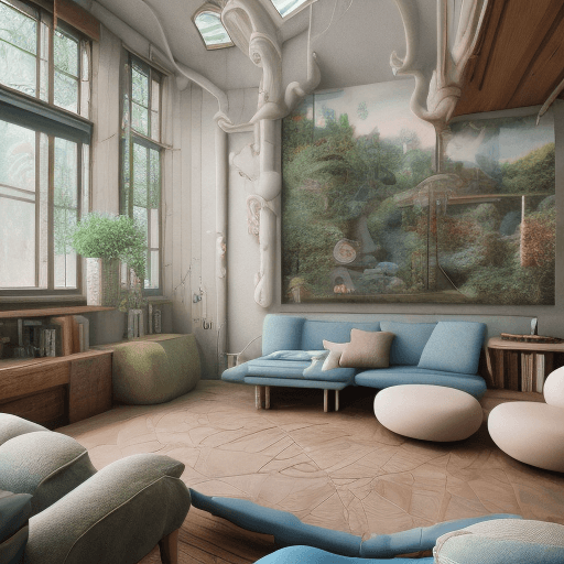 AI generated: High resolution photography interior design, dreamy sunken living room conversation pit, wooden floo...