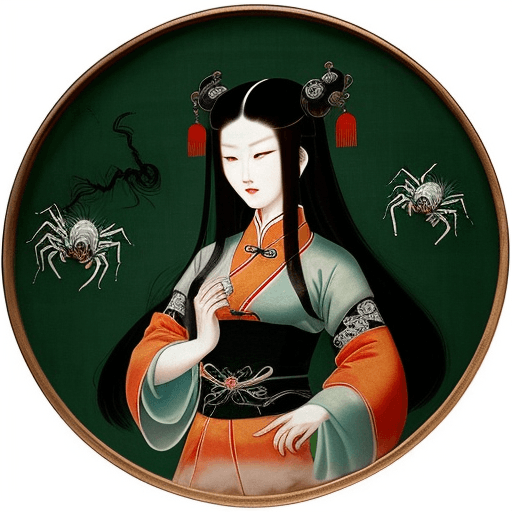 AI generated: 15th century ming dynasty chinese painting of a long-haired feminine man with spider themes. It look...