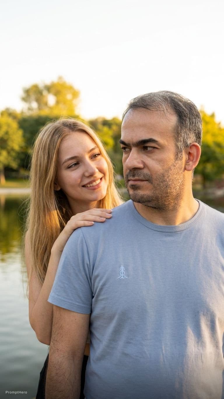 AI generated: Scene with a beautiful blond girl behind him with her hand on his shoulder 