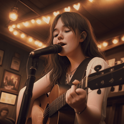 AI generated: In a cozy pub, a talented female singer - songwriter takes the stage, pouring her heart into heartfe...