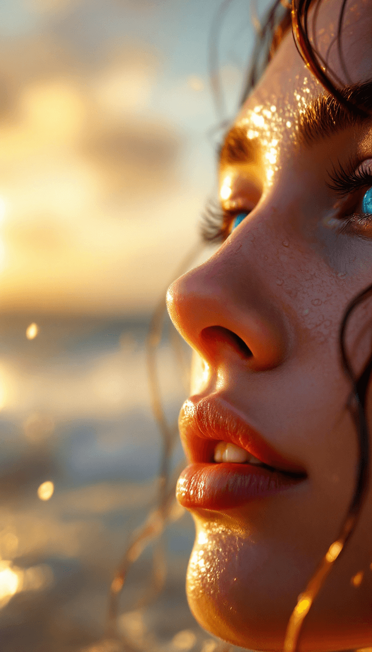AI generated: A hyper-realistic close-up portrait of a woman's face, viewed from a low angle, highlighting her exp...