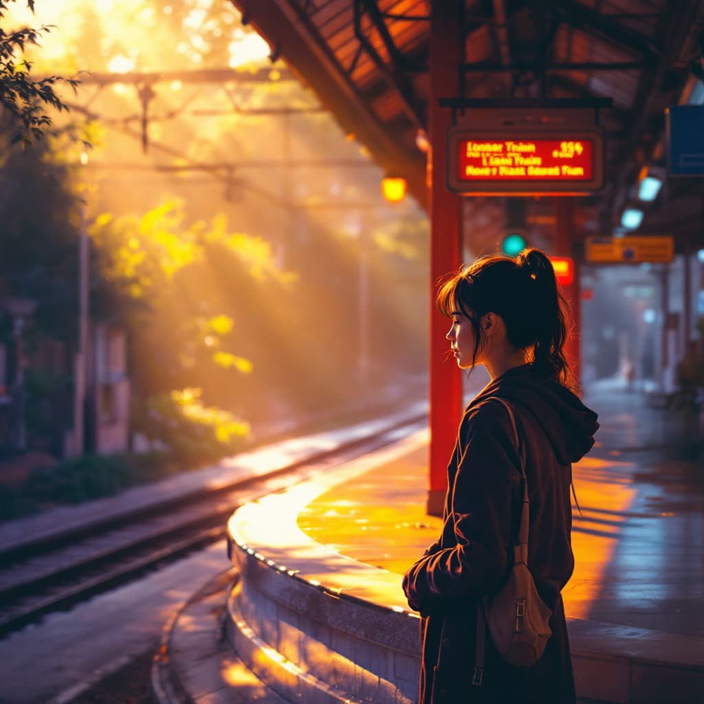 AI generated: backlit train station with bright colors and realistic textures. a young Lady waiting for someone.