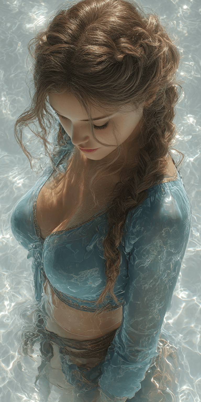 AI generated: A beautiful girl with braided hair, standing in the water and looking down at the water, wearing an ...