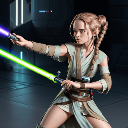 AI generated: young female Jedi padawan training on Tython with a light saber