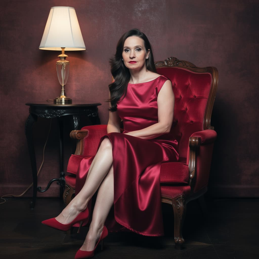 AI generated: A woman seated on a vintage red velvet armchair. She is wearing a deep red satin dress with a plungi...