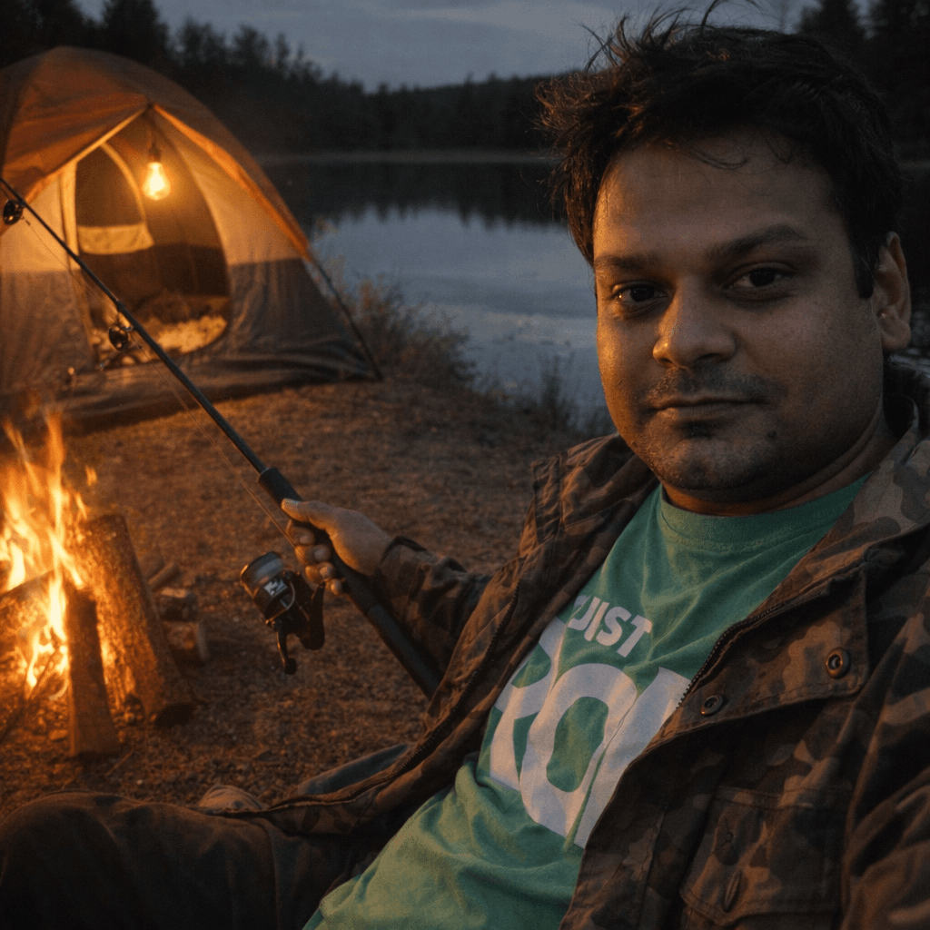 AI generated: man is fishing in very slient place , ejoying alone , camoing tent warm light bulb , wood fire ,camp...