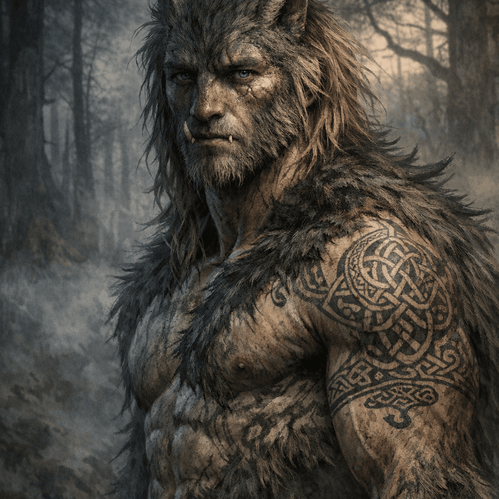 AI generated: Kenny in mid-transformation, wolf features emerging but still human eyes filled with 300 years of so...