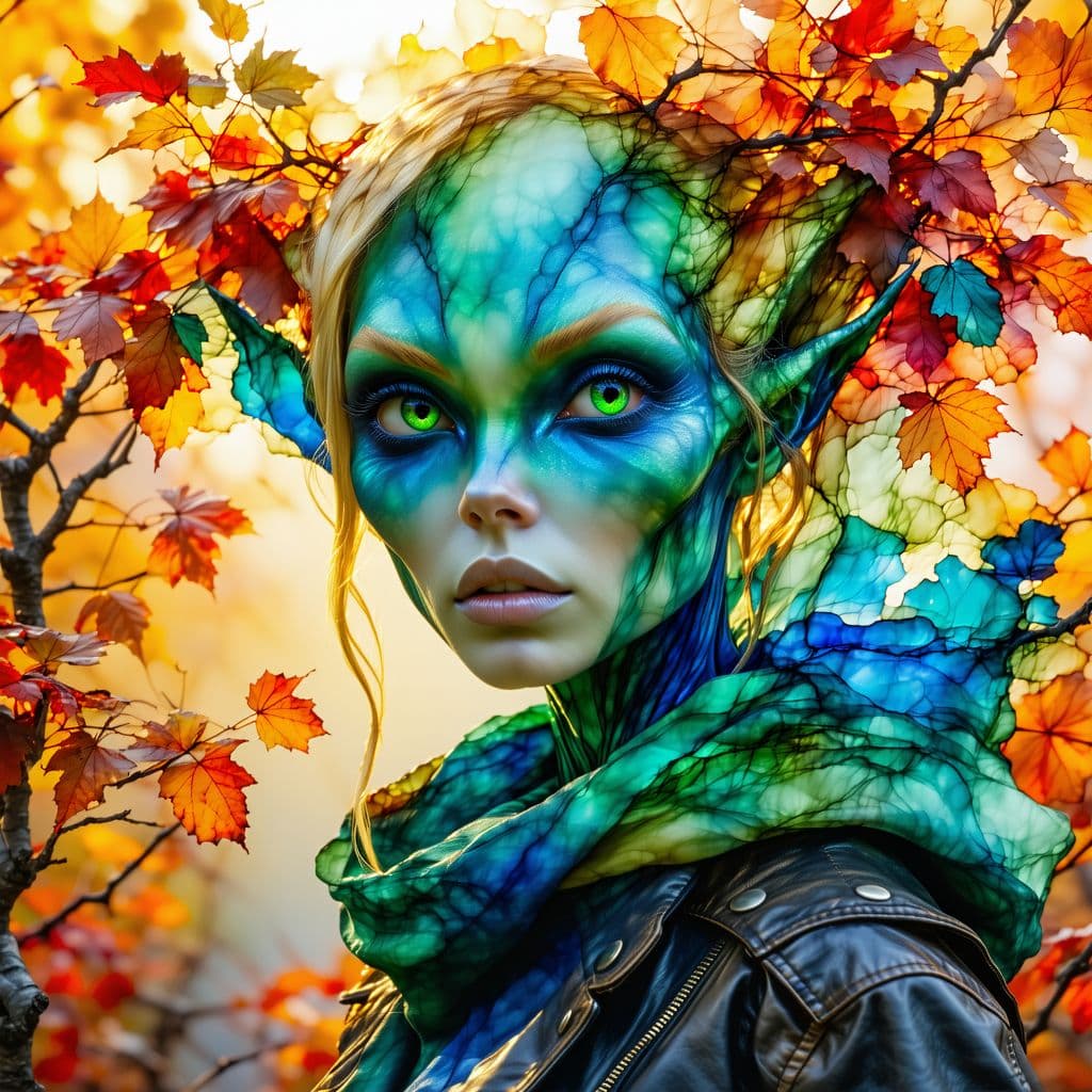 AI generated:  Craft a detailed visual narrative centered on an alien woman characterized by her striking multicol...