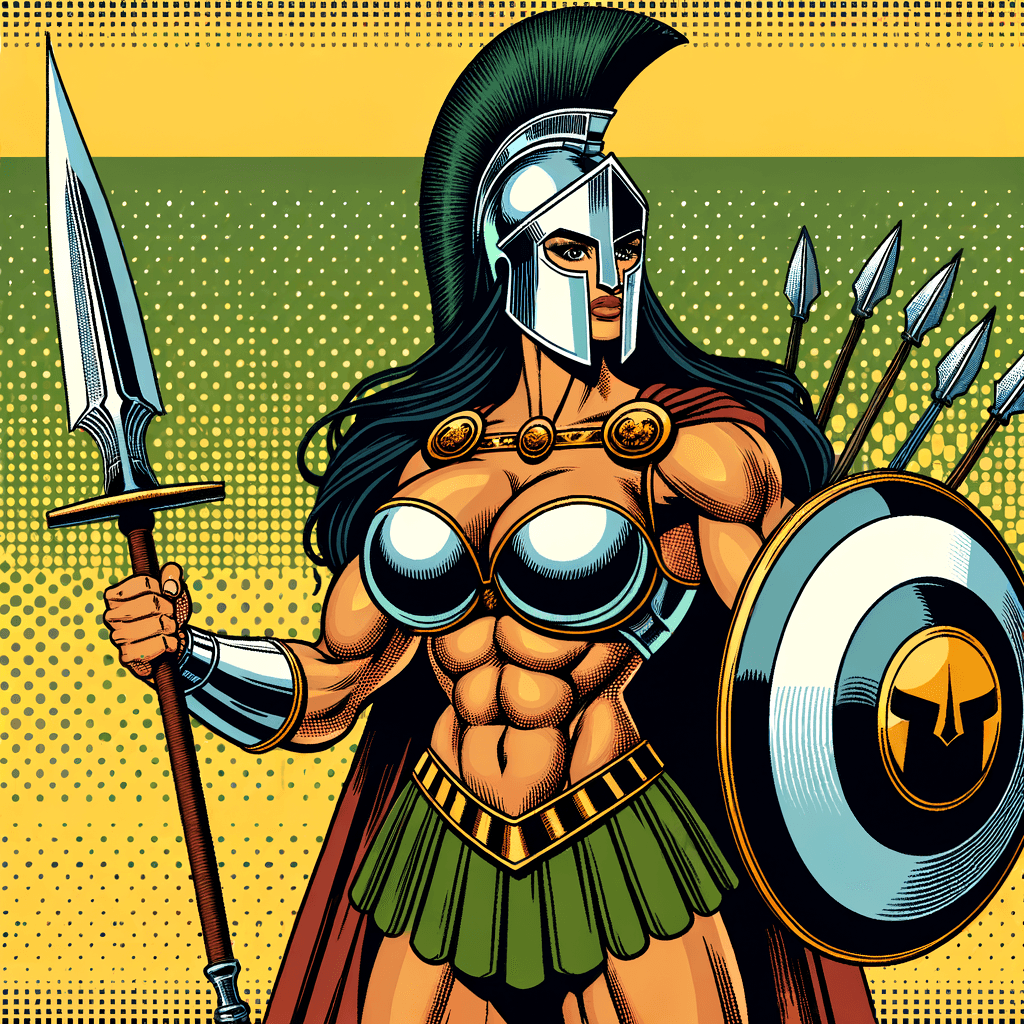 AI generated: Comic pop-art, a young gorgeous full figured Spartan woman with thick aesthetic physique, holding a ...