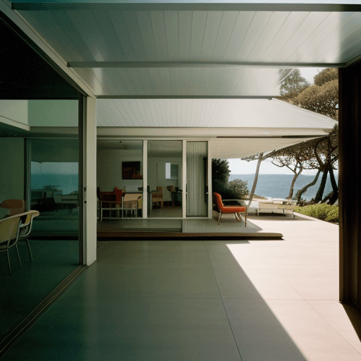 AI generated: Hyper realistic eye level exterior photo of a mid century modern style house overlooking the ocean, ...