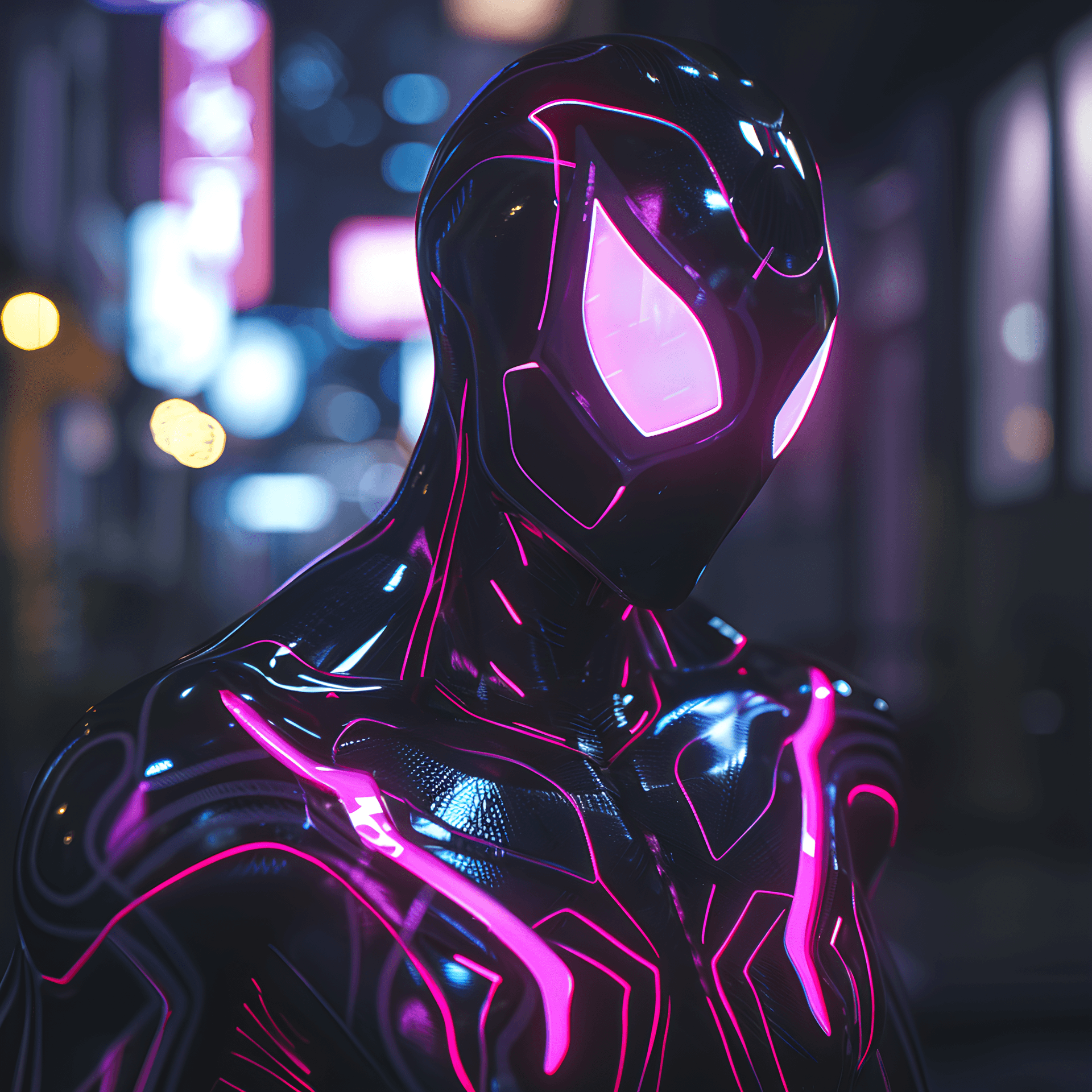 AI generated: Spiderwoman with Power to change reality, neon lights on costume, neon glowing, ultra realistic, 8k,...