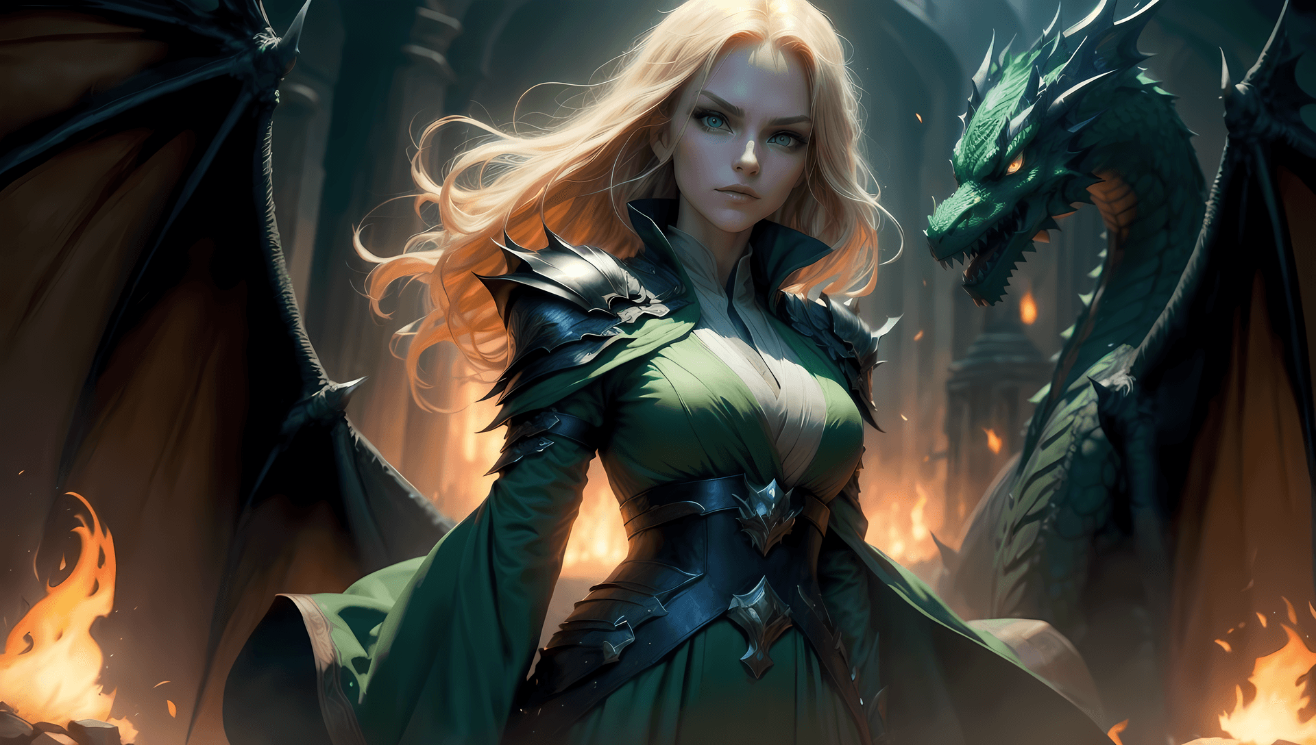 AI generated: pov from front, 1girl, blonde hair, (beatiful green eyes:1.2), close epic shot, looking past the cam...