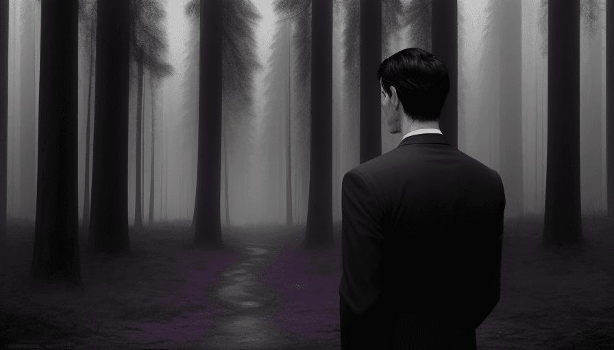 AI generated: Create a painting with a gloomy forest with tall trees around with dark and purple atmosphere. In th...