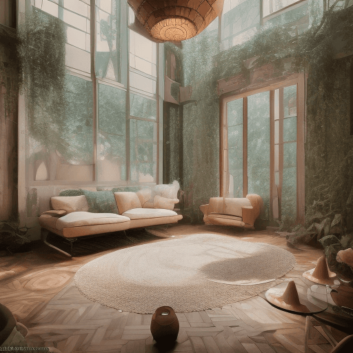 AI generated: High resolution photography interior design, dreamy sunken living room conversation pit, wooden floo...