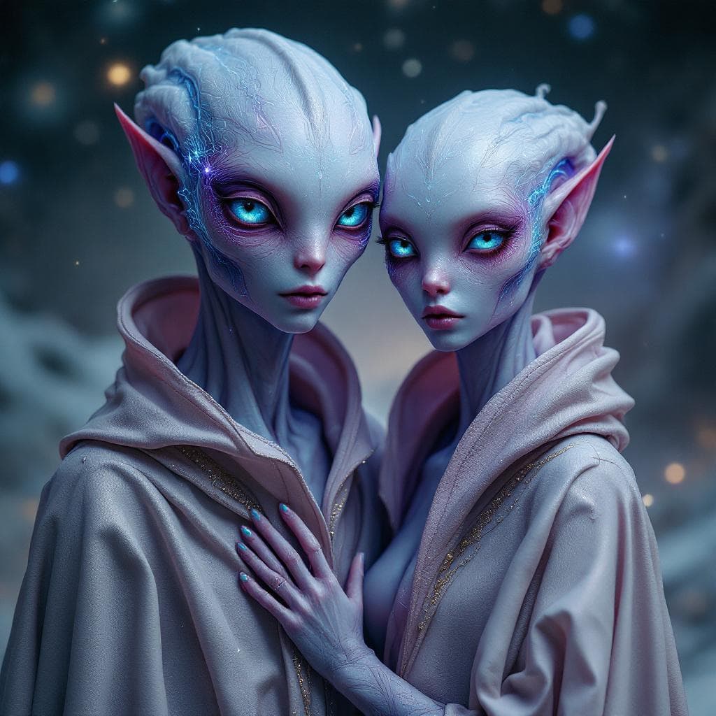 AI generated: Create a unique, flesh, organic, species, Male and Female. An otherworldly alien figure with iridesc...