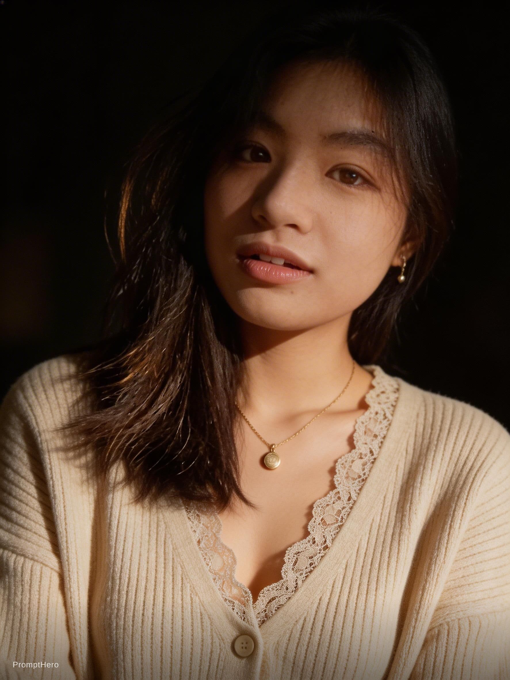 AI generated: A photorealistic close-up portrait of an adult woman in a dimly lit, moody studio setting, captured ...