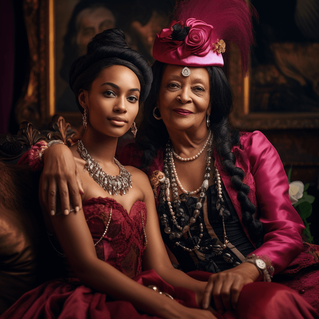 AI generated: a young black beautiful lady with rosy cheeks, Sparkling Eyes, sitted in sofa with her grand mother,...