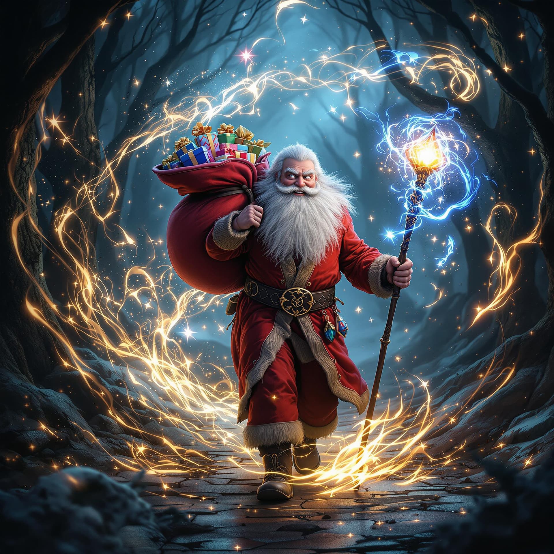 AI generated: movie poster, pleased kind russian uncle frost wearing red rocker clothes is depicted in an action p...