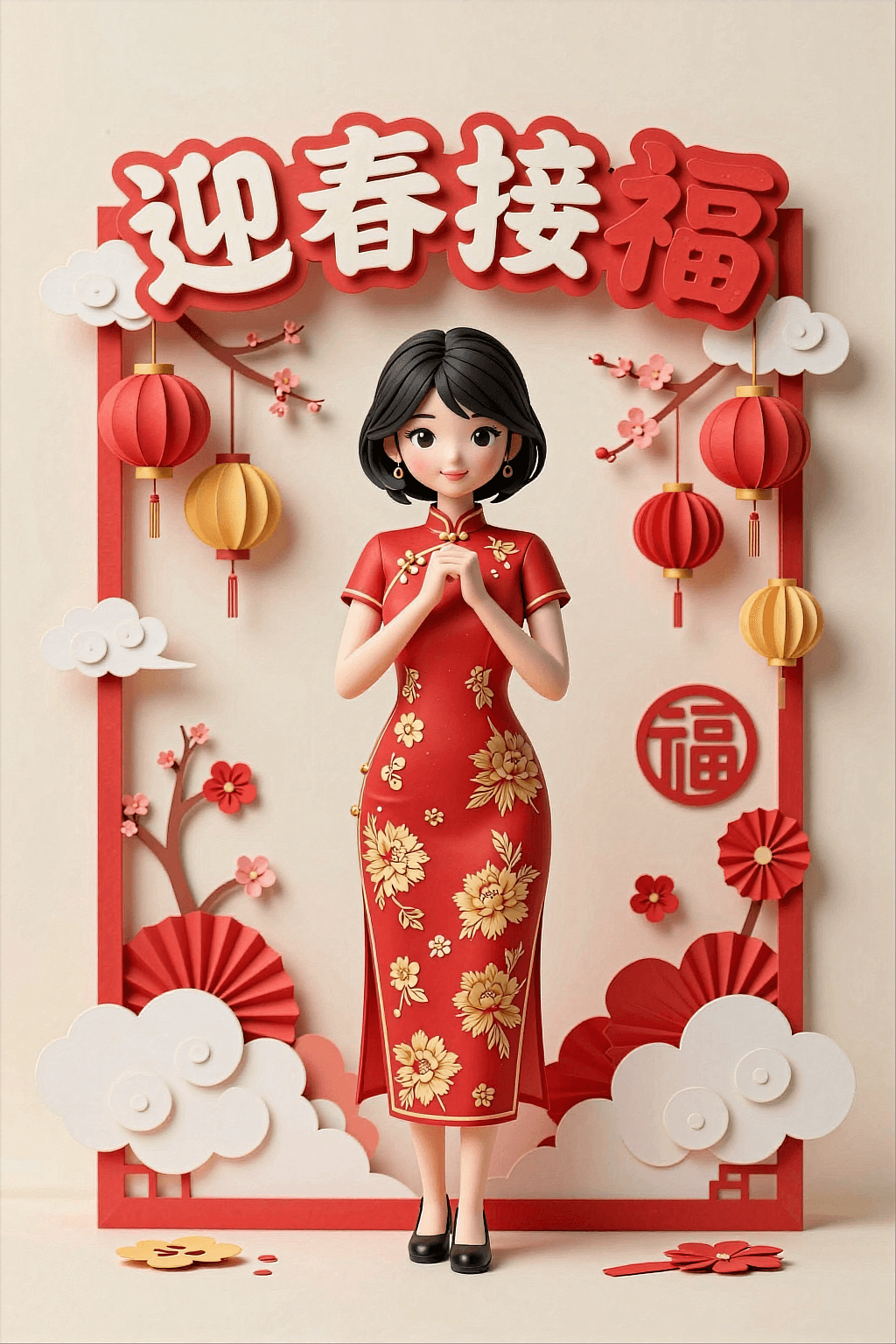 AI generated: A highly detailed 3D paper-cut illustration of a charming young East Asian woman in a traditional ch...