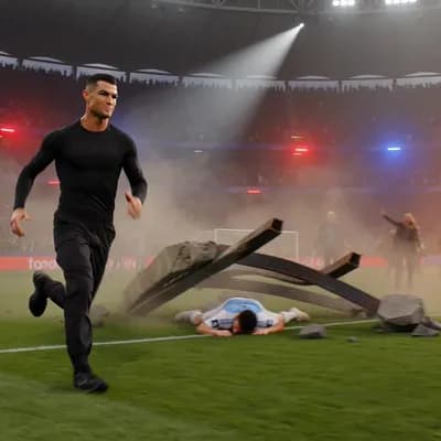 AI generated video: “Create an intense cinematic action scene where Cristiano Ronaldo rescues Lionel Messi during a chao...