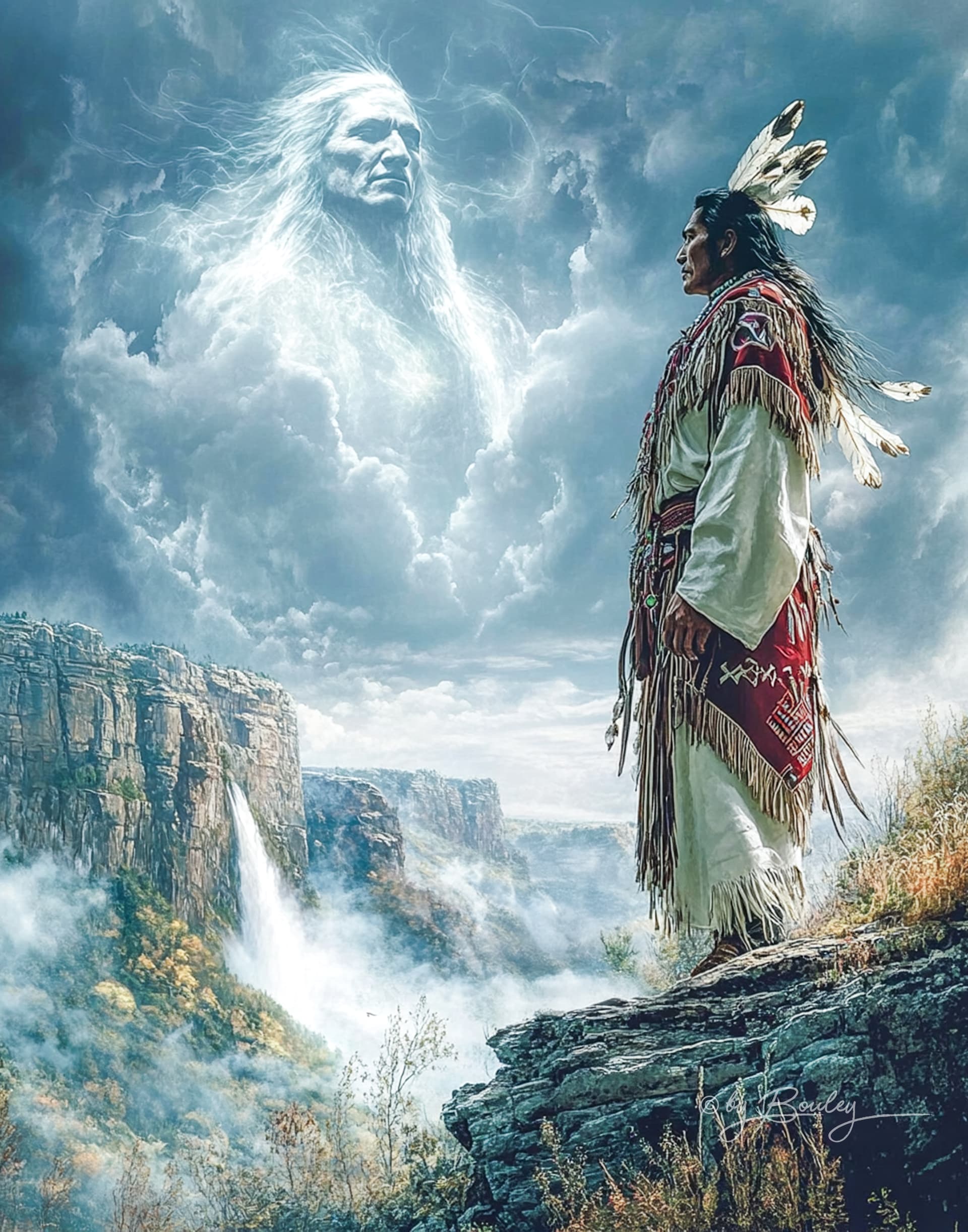 AI generated: A Native American man in traditional attire stands on the edge of an ancient cliff, overlooking vast...