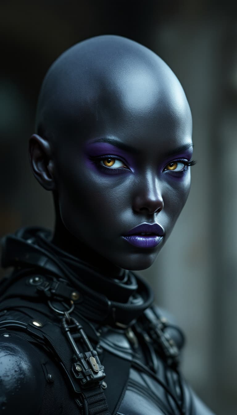AI generated: A beautiful, bald woman with skin made entirely of polished obsidian texture, intense stare, cat-lik...