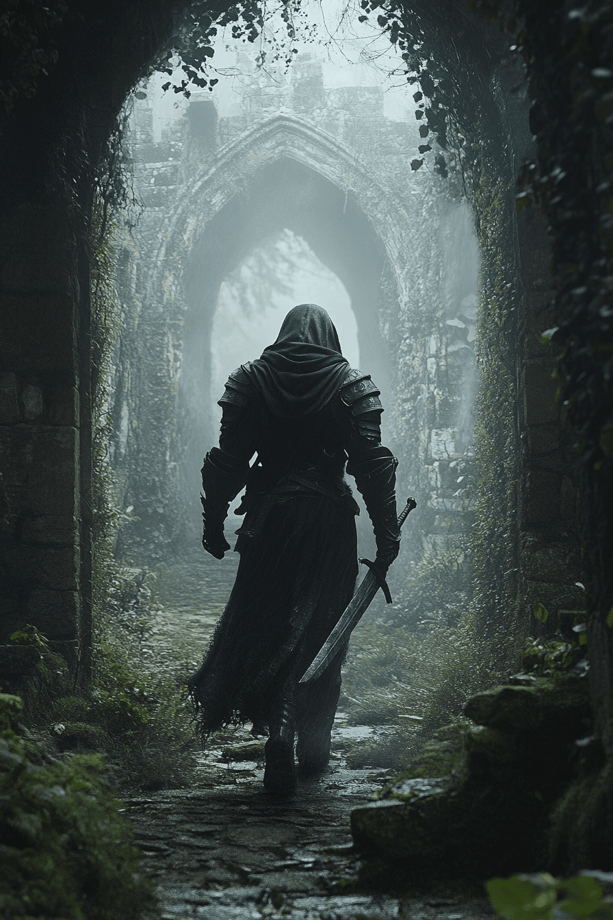 AI generated: The photo depicts a figure in dark armor and a hood, holding a sword, walking through an ancient sto...