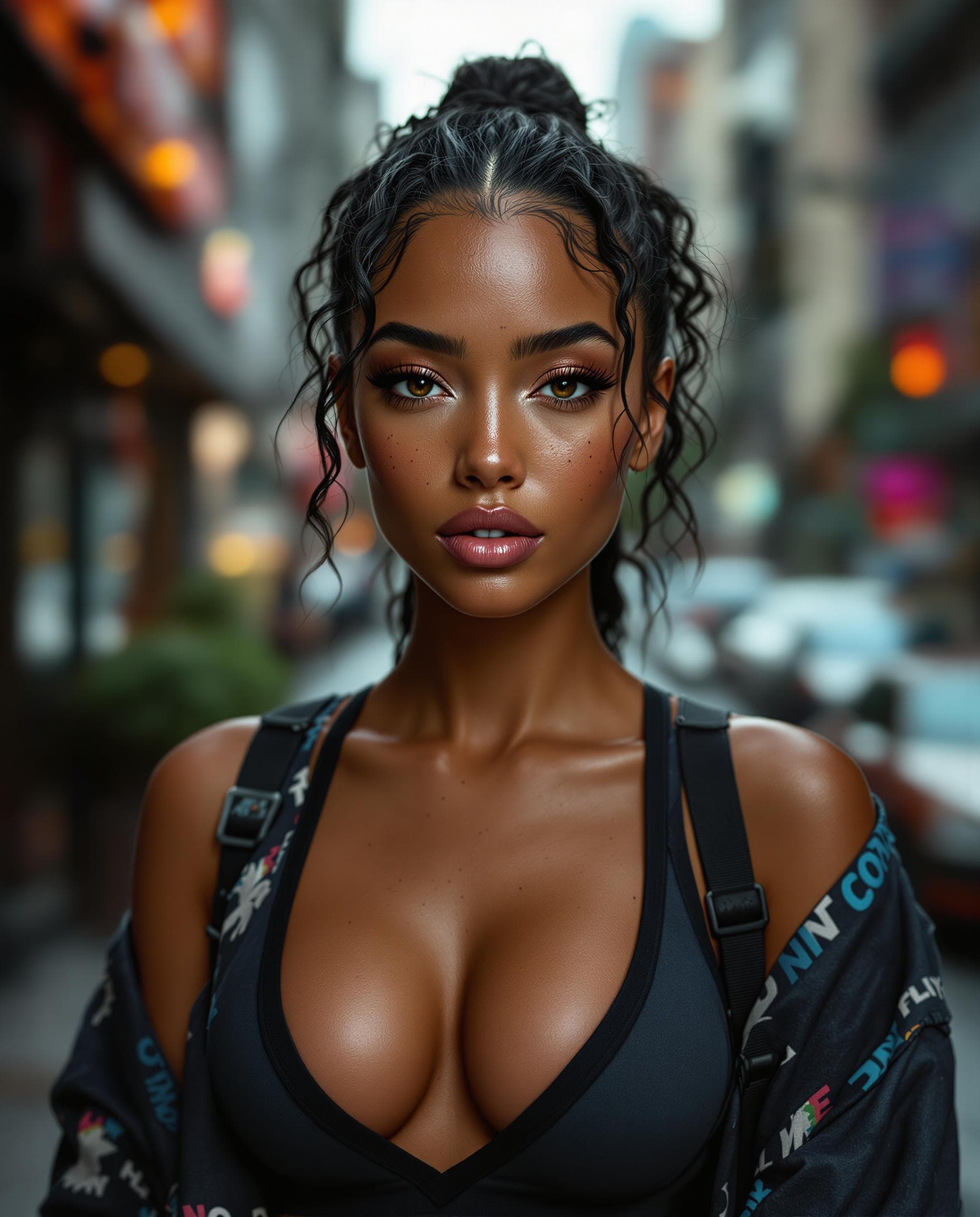 AI generated: editorial photo of a beautiful multiracial woman with freckles modeling casual athleisure outfit, ci...