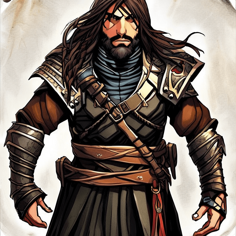 AI generated: A mysterious warrior with long braided hair looks like god of war, leather armor, torn cloak, brown ...