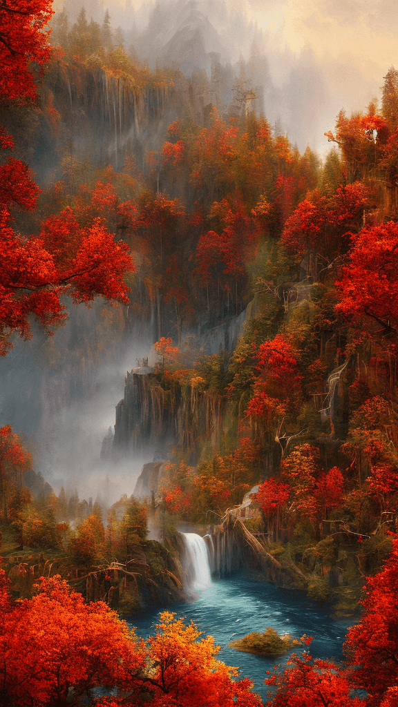 AI generated: autumn landscape, red color, Bokeh, the waterfall, fog over the lake, insanely detailed and intricat...