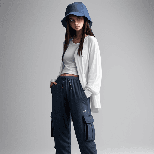 AI generated: capturing a model, woman wearing long cardigan with white t-shirts, deep blue washing cargo jogger p...