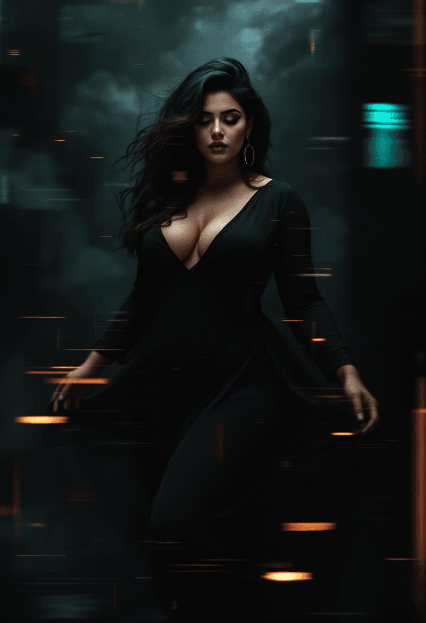 AI generated: A voluptuous yet stunning curvy Pakistani woman's complete body is covered with glitch effects, the ...