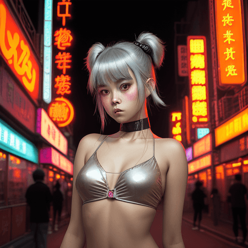 AI generated: a bare-backed girl in a neon city, chinapunk style, iconic album covers, soft focus portraits, luke ...