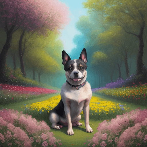 AI generated: An enchanting painting brings to life a scene where a French dog poses amidst awe-inspiring and a ka...