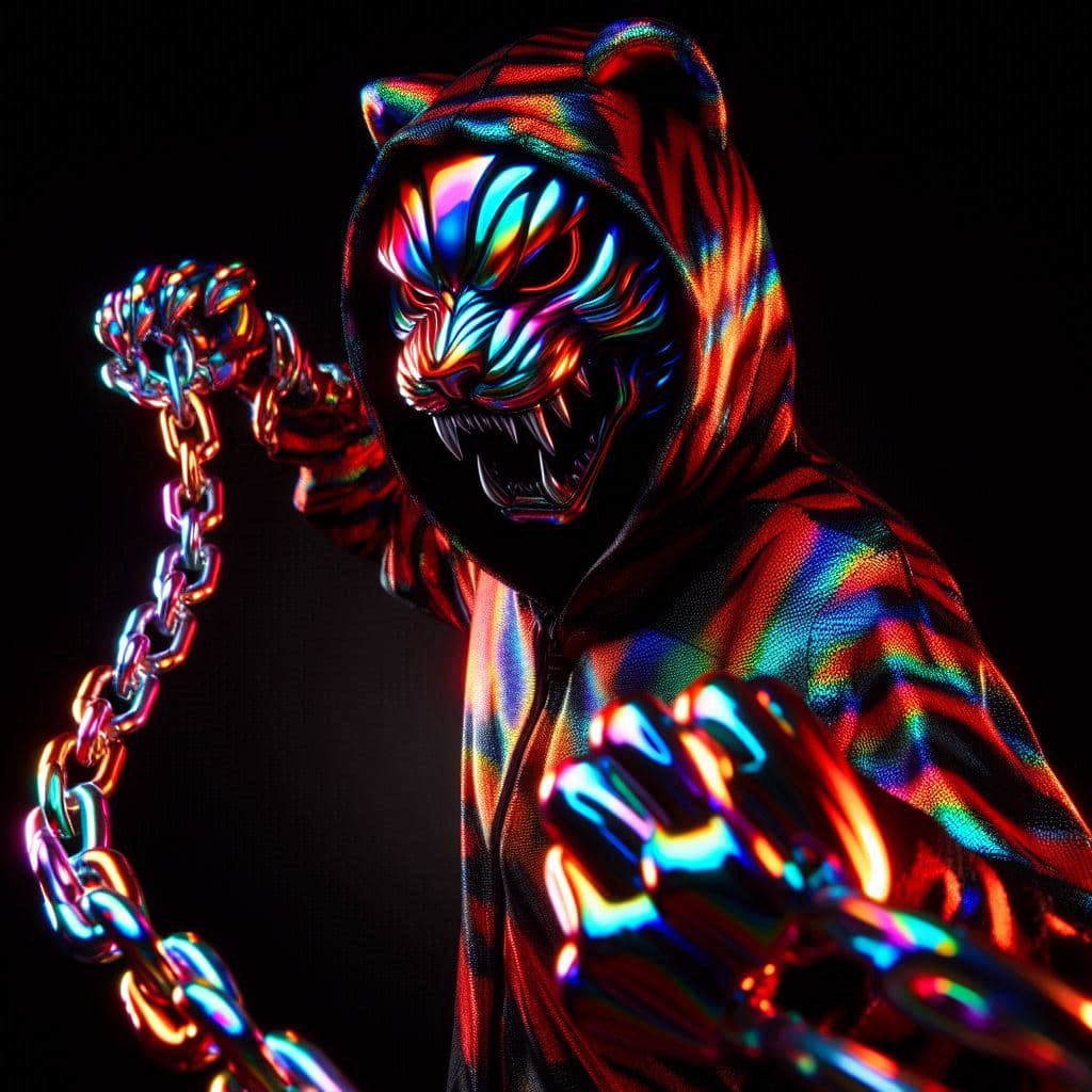 AI generated: shreek tuneado iridiscente de disfraz de tigre rojo y negro, lanzando una grande cadena de hierro de...