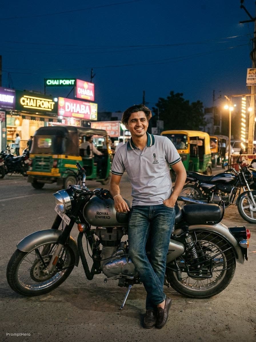 AI generated: Create a night vibes photo and place is road 🛣️ and different pose 