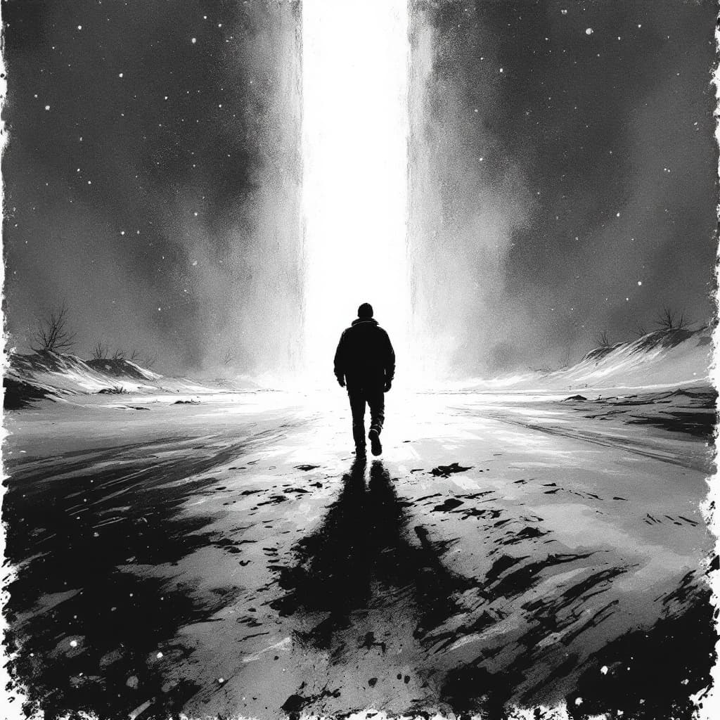 AI generated: Artistic illustration of a cold, desolate winter night, December’s bite in the air, a lone figure (m...