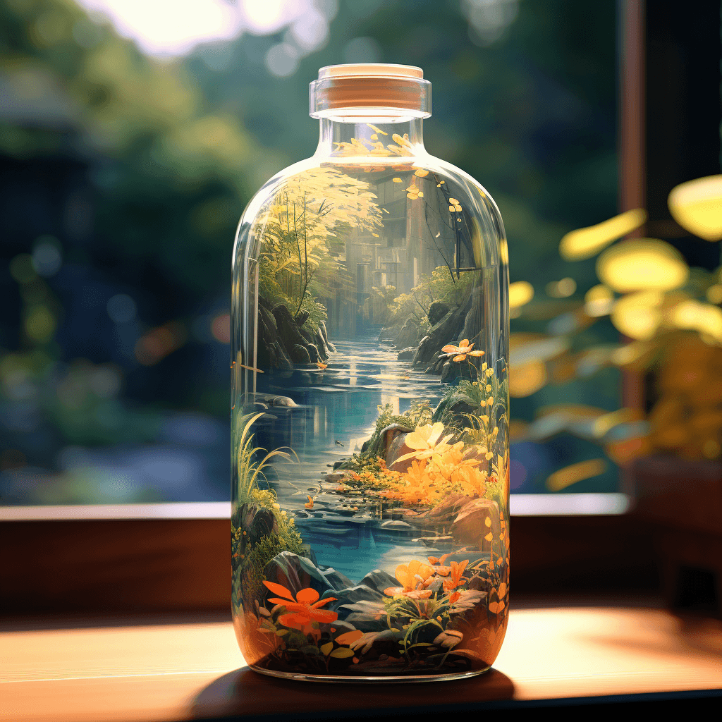 AI generated: Beautiful caustic glass tea bottle with Genshin impact game world with characters inside, highly int...