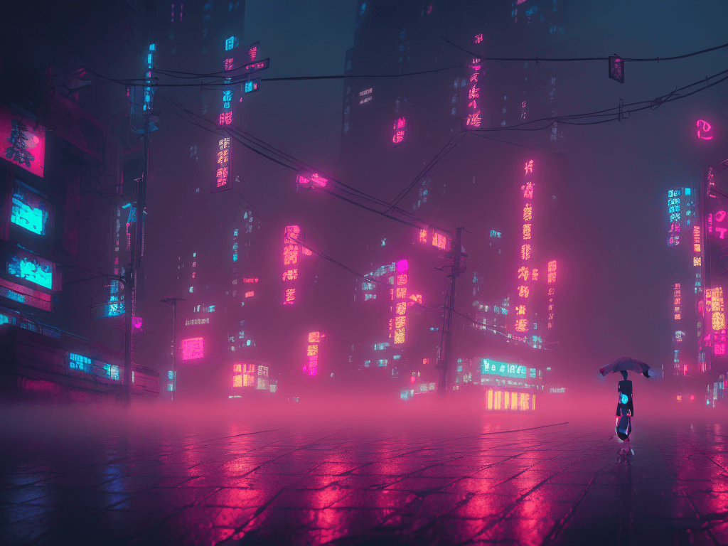 AI generated: necromance girl, rainy foggy cyberpunk city neo tokyo, cinematic lighting, reflections, 4k, hyperrea...