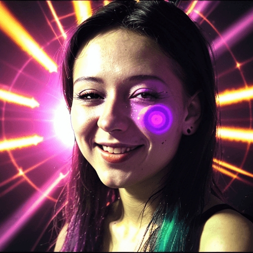 AI generated: melodic techno rave music , sun flares on her happy party face, 