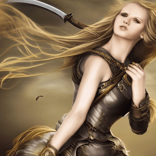 AI generated: full body, ultra-realistic photograph, sensual woman. with a sword on, hair blowing in the wind, in ...