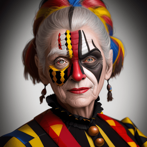 AI generated: Generates a hyper-realistic wood-carved portrait of a harlequin, featuring an elderly superhero in u...