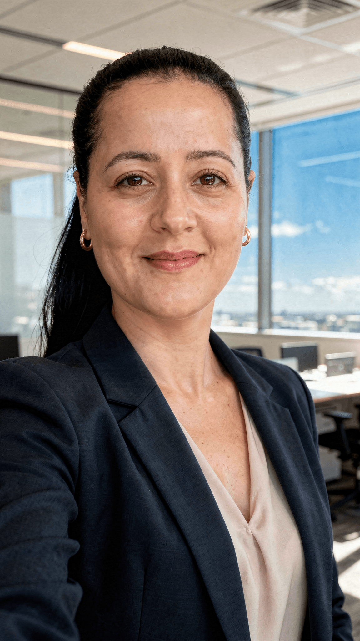 AI generated: 37yo, gorgeous, 170cm, 70kg, generate a LinkedIn professional profile photo, wearing a beautiful nav...