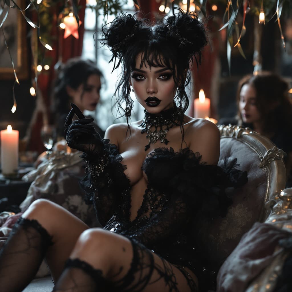 AI generated: black female ,very high detailed Goticpunk,photorealistic, birthday party,beautiful girls,gothic sty...