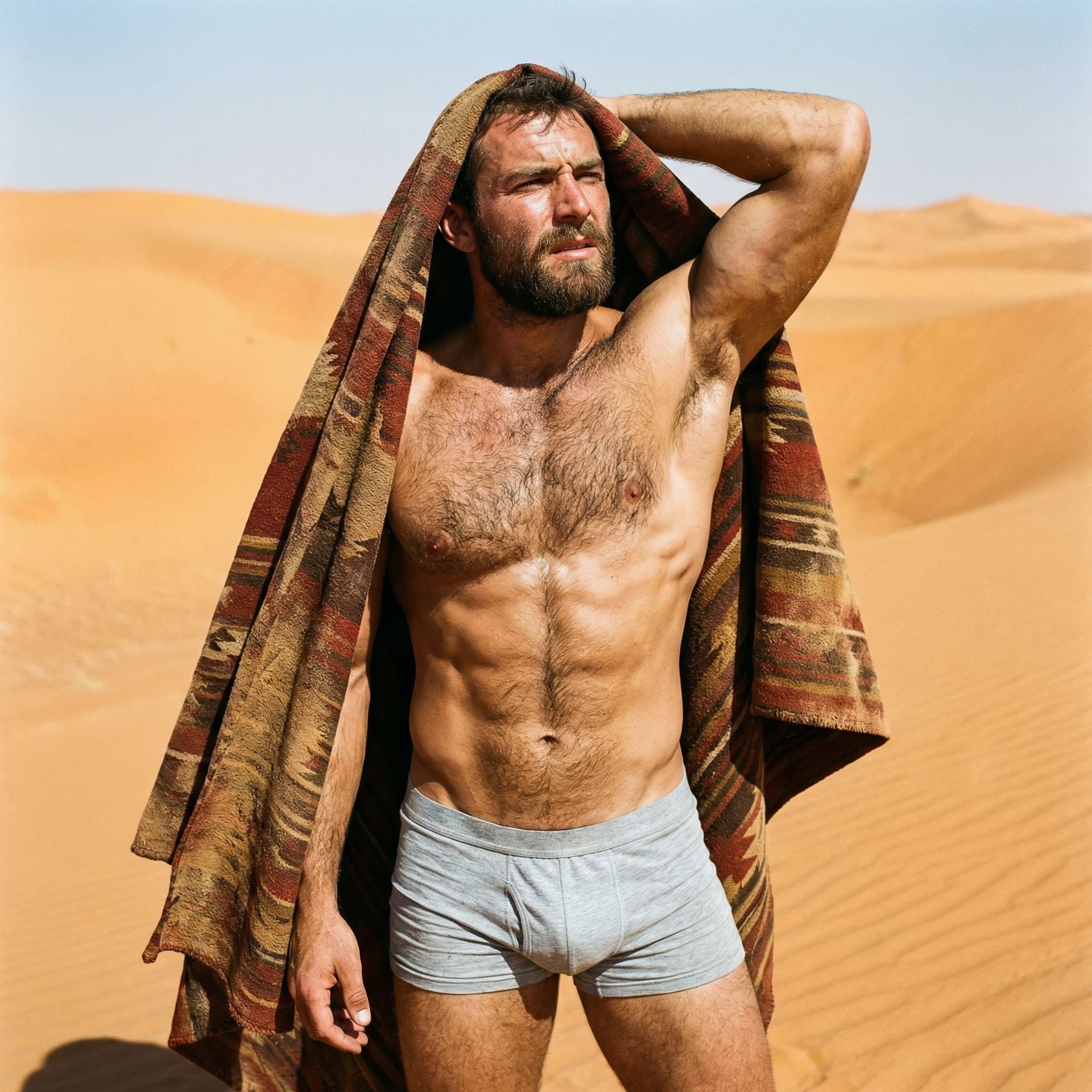 AI generated: Raw documentary-style color photograph of a rugged, handsome man in his late 20s to early 30s, stand...