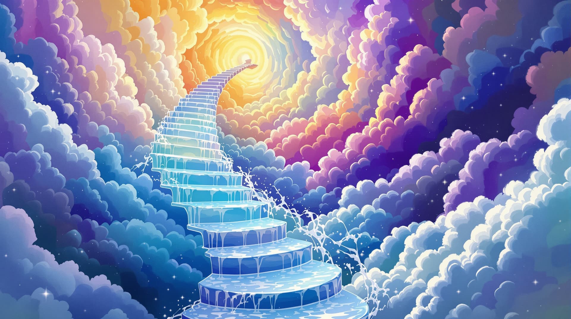 AI generated: stair way up to clouds spiral water color