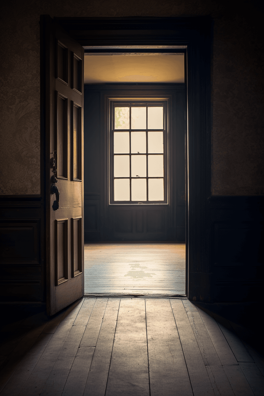 AI generated: An open door leading to an empty room, dark wood floors, antique doors, photography in the style of ...
